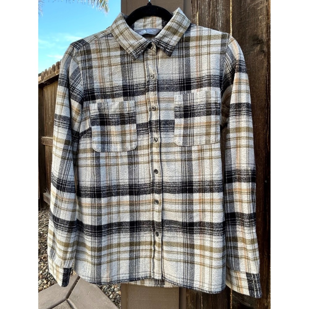 The North Face Womens M Plaid Flannel Shirt Cream Black Tan Button Up